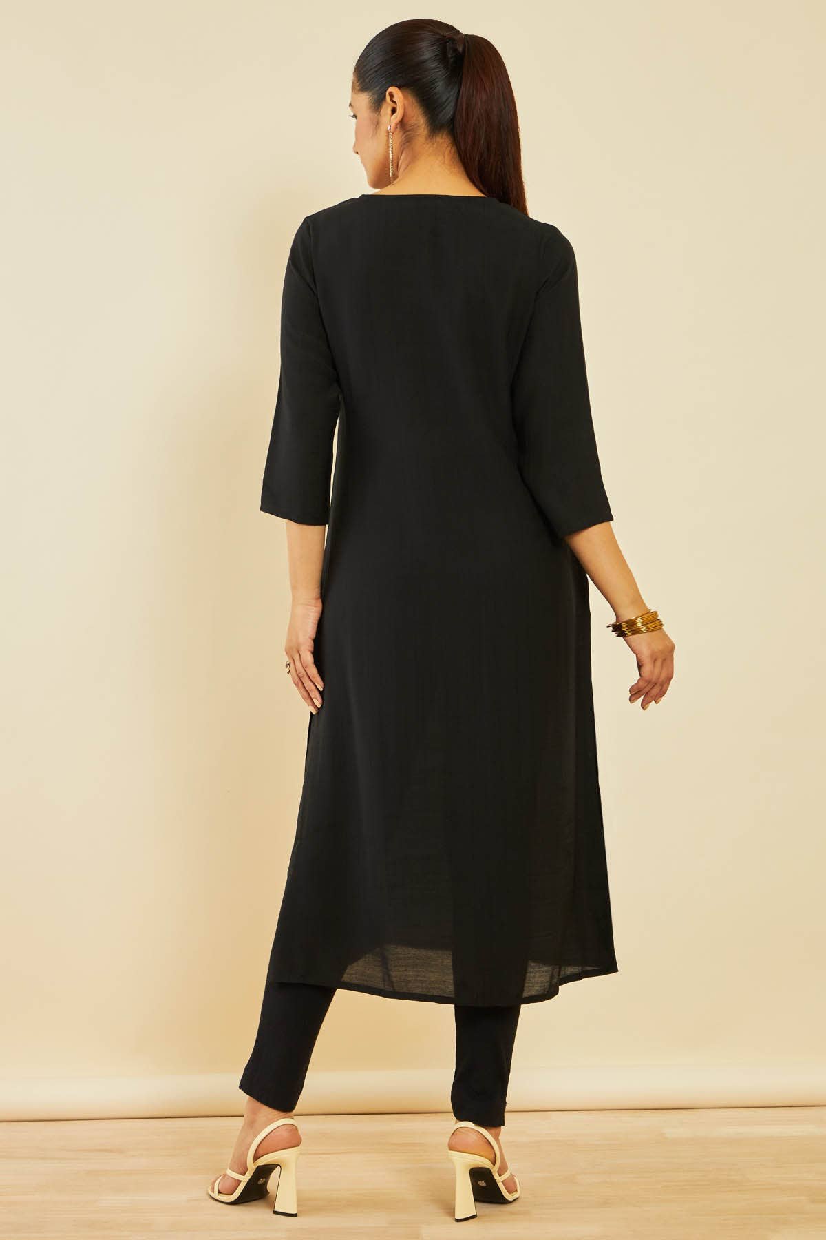 Black Viscose Blend Straight Kurta with Floral Cutdana Work - Image 5