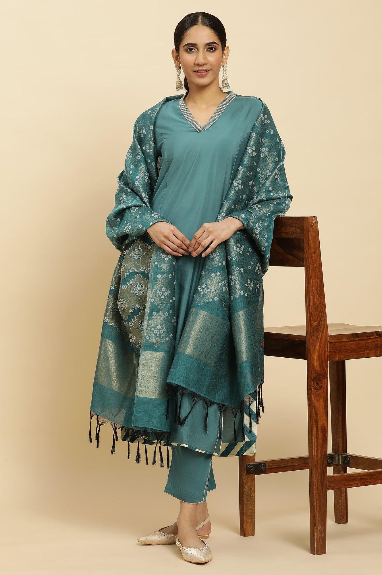 Blue Embellished Kurta, Pants And Jacquard Dupatta Set - Image 6