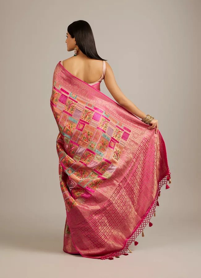 Rani Pink Grid Patterned Saree with Peacock Motifs - Image 4
